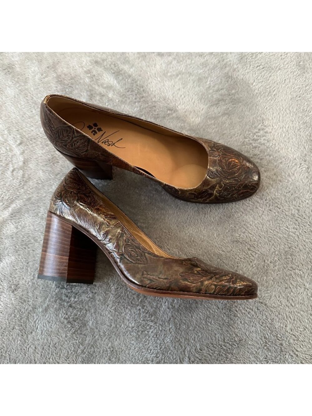 Patricia Nash Anita Leather Tooled Block Heel Round Toe Shoes 10 Women's Brown